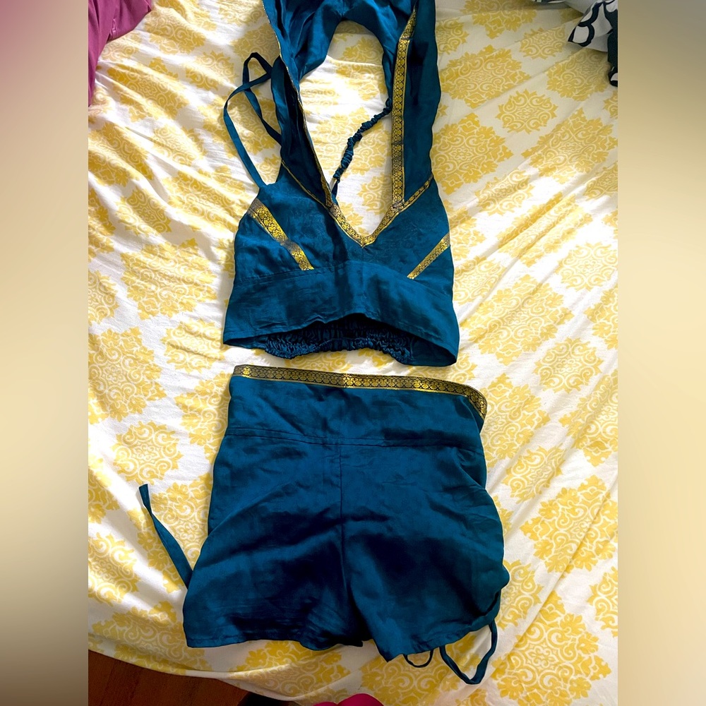 Noralina Freedom blue and gold silk sari hood and bloomer short set.
